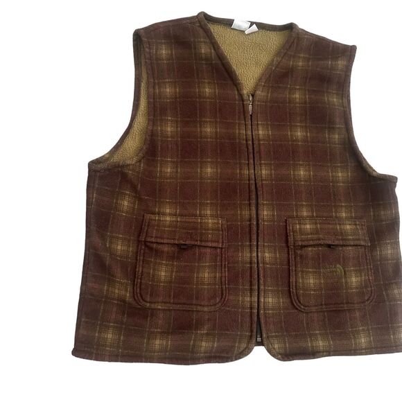 Vintage The North Face Fleece Brown Plaid Vest Jacket Made in USA Mens L - Picture 2 of 9